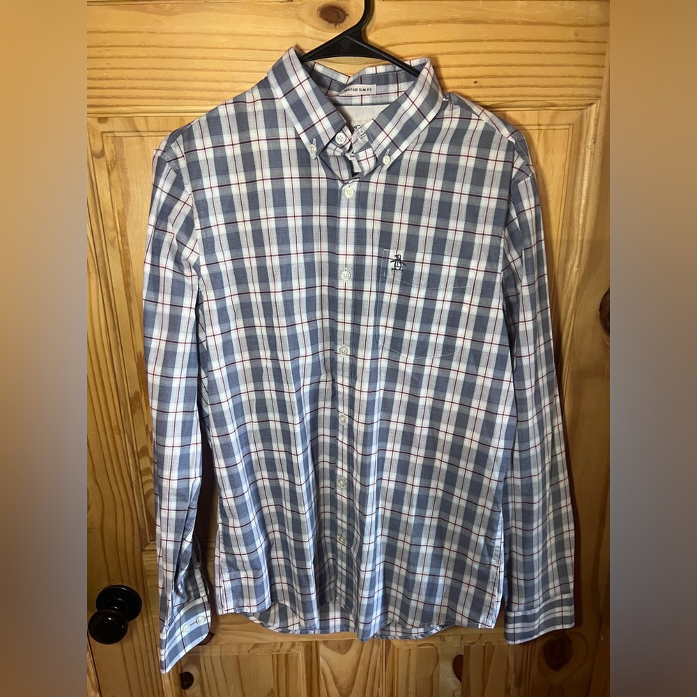 Penguin Long  Sleeve Button Up Medium Blue White And Red